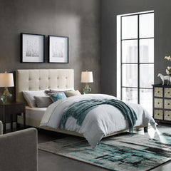 Melanie Beige Tufted Button Upholstered Fabric Queen Platform Bed - Ornate Home