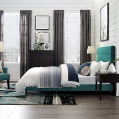 Melanie Teal Tufted Button Upholstered Fabric Queen Platform Bed - Ornate Home