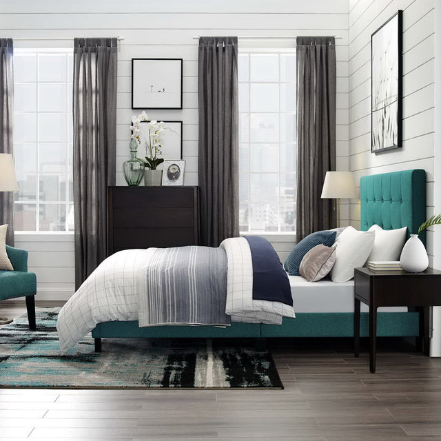 Melanie Teal Tufted Button Upholstered Fabric Queen Platform Bed - Ornate Home