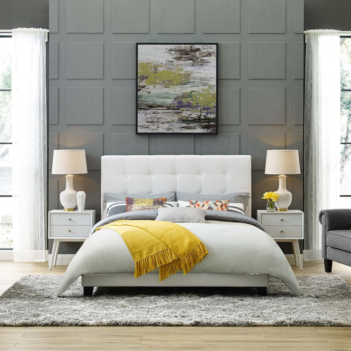 Melanie White Tufted Button Upholstered Fabric Full Platform Bed - Ornate Home