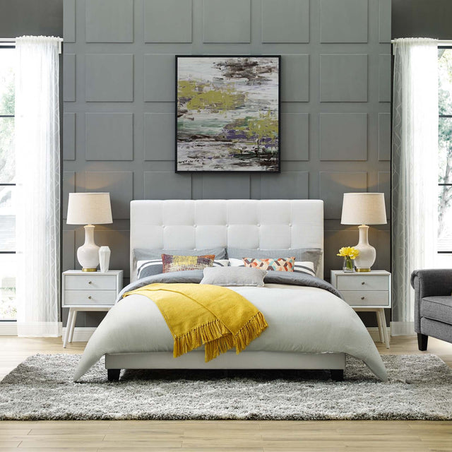 Melanie White Tufted Button Upholstered Fabric Full Platform Bed - Ornate Home