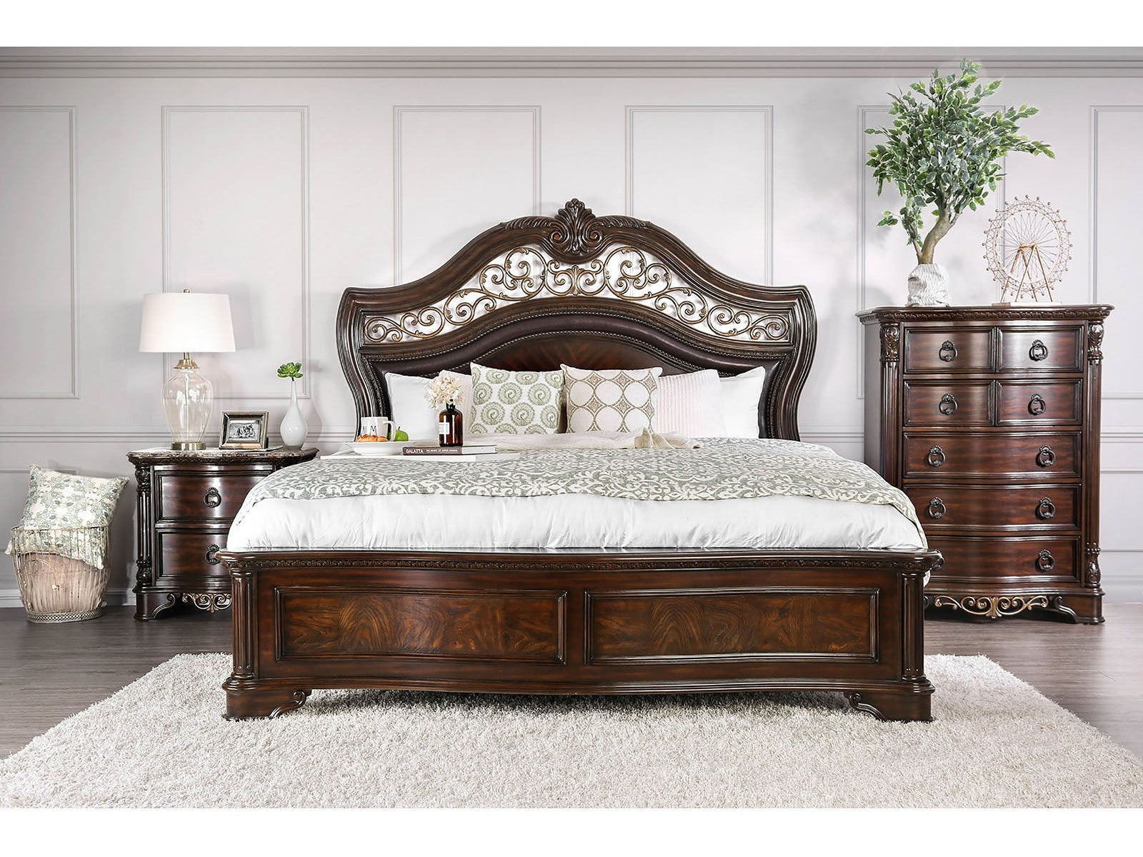 Menodora Brown Cherry 5 Pc. Queen Bedroom Set w/ 2NS - Ornate Home