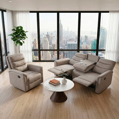 Metric Beige Double Reclining Sofa With Drop-down Cup Holders - Ornate Home