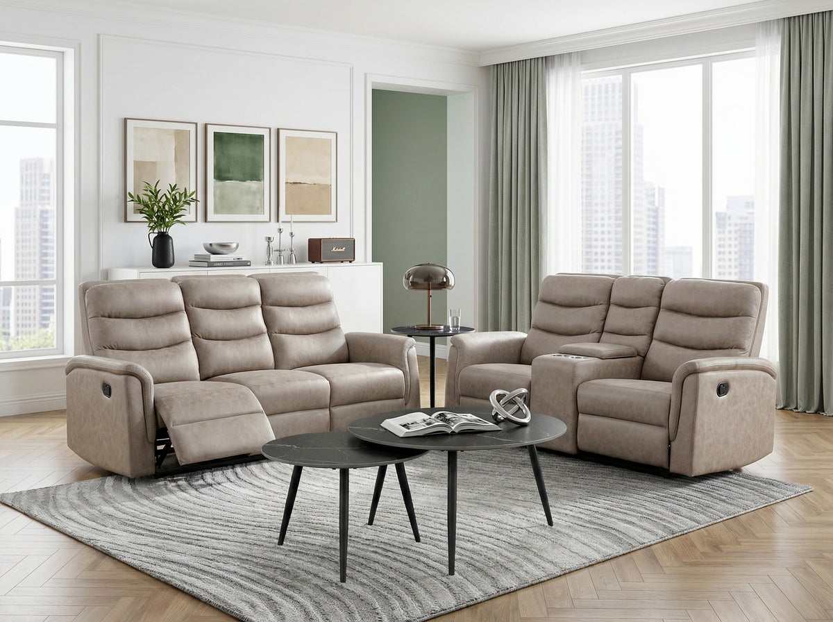 Metric Beige Double Reclining Sofa With Drop-down Cup Holders - Ornate Home