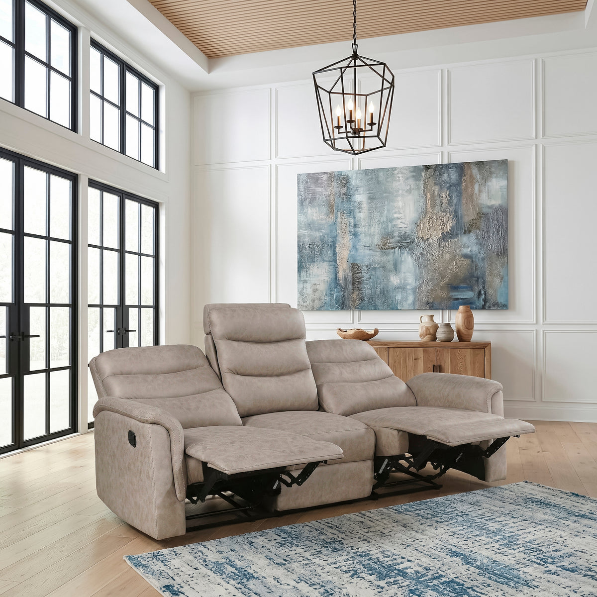 Metric Beige Double Reclining Sofa With Drop-down Cup Holders - Ornate Home