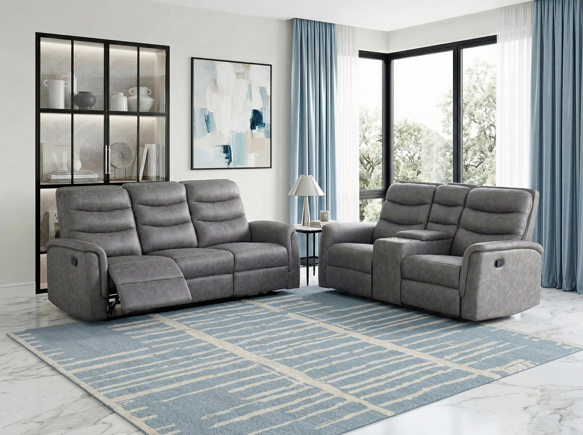Metric Gray Double Reclining Sofa With Drop-down Cup Holders - Ornate Home