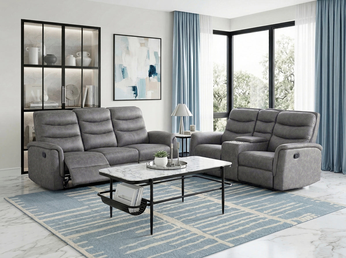 Metric Gray Double Reclining Sofa With Drop-down Cup Holders - Ornate Home