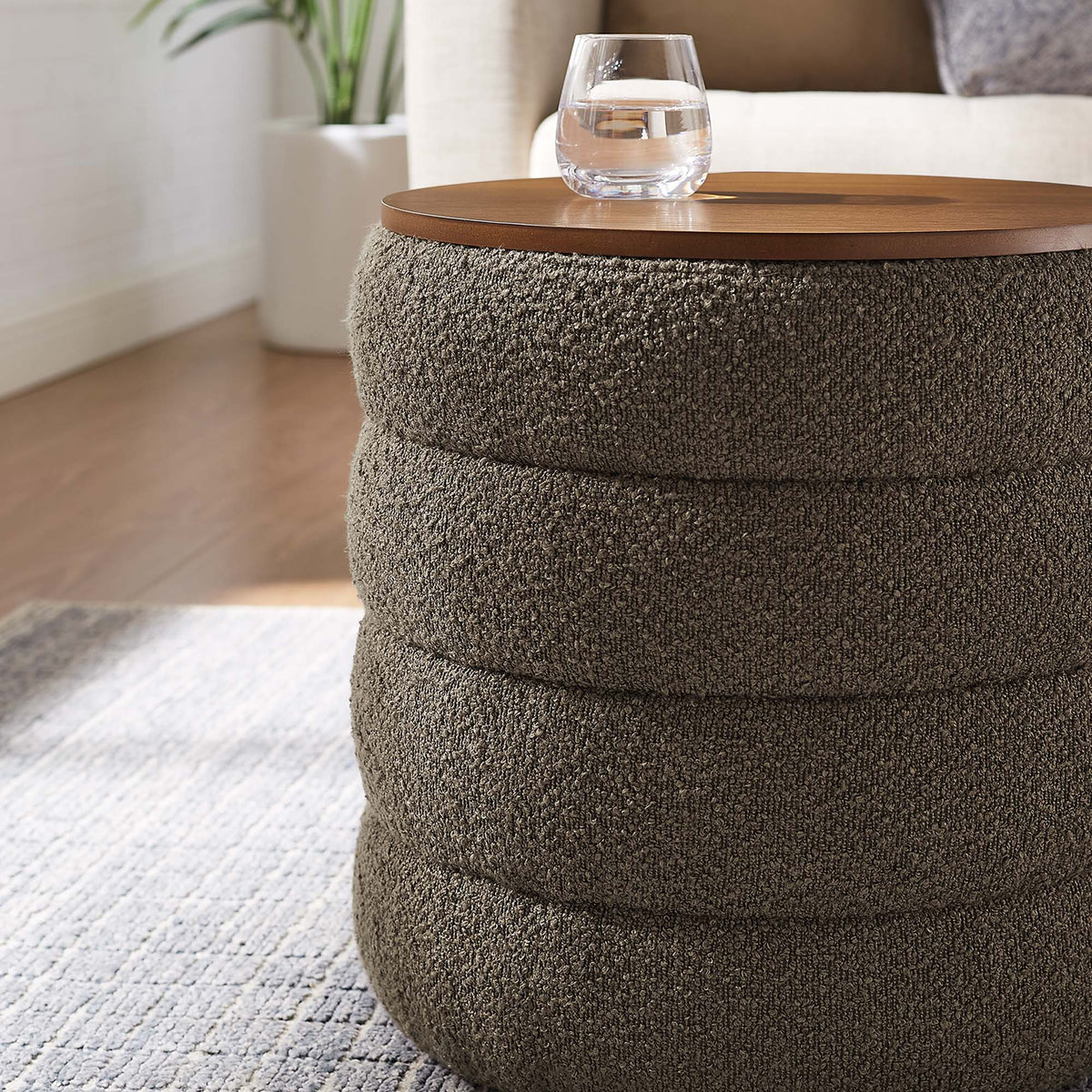 Mezzo Pebble Round Boucle Fabric Storage Ottoman - Ornate Home