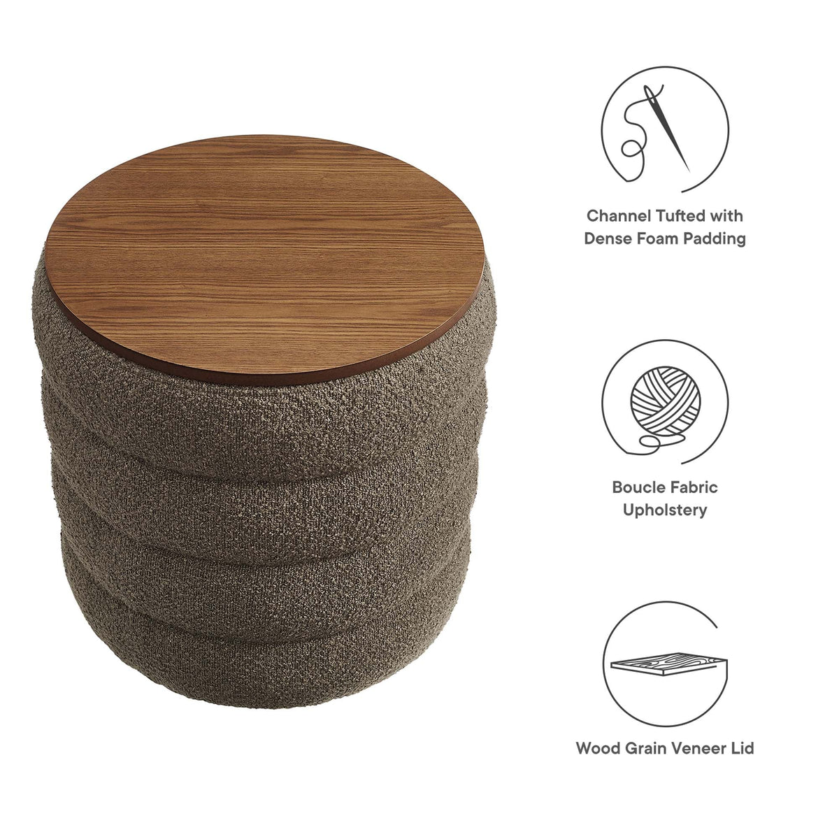 Mezzo Pebble Round Boucle Fabric Storage Ottoman - Ornate Home