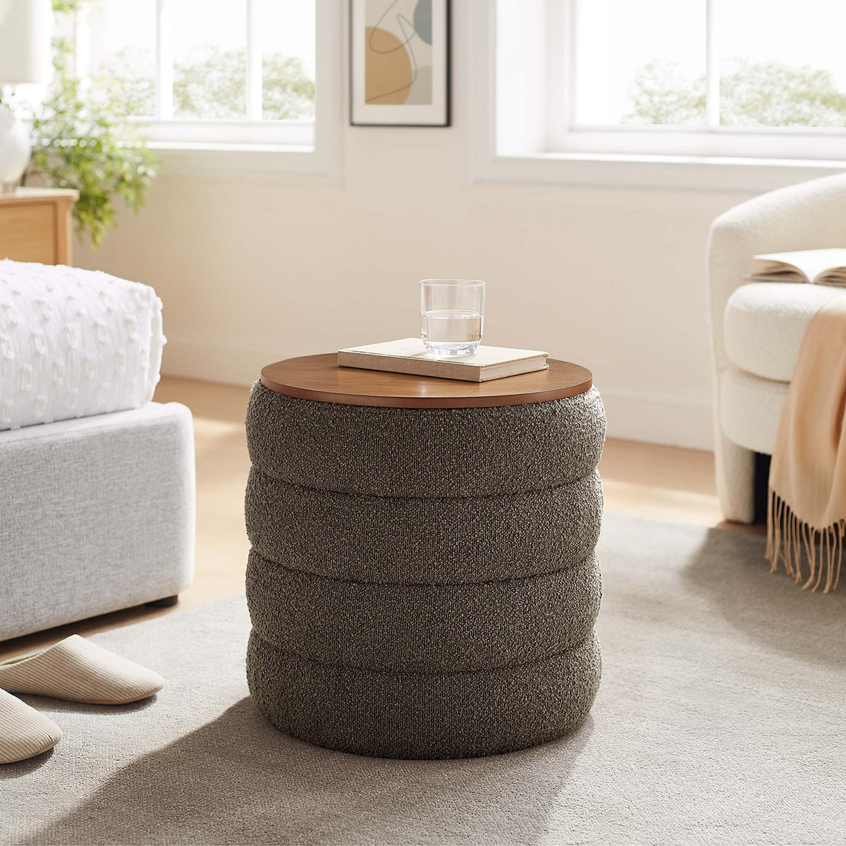 Mezzo Pebble Round Boucle Fabric Storage Ottoman - Ornate Home