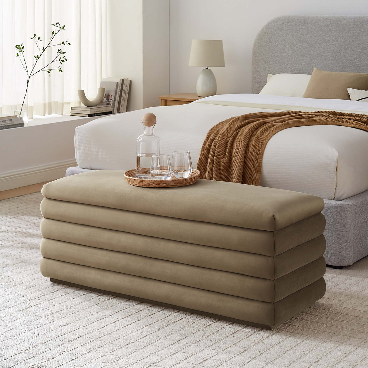 Mezzo Taupe Upholstered Performance Velvet Storage Bench - Ornate Home