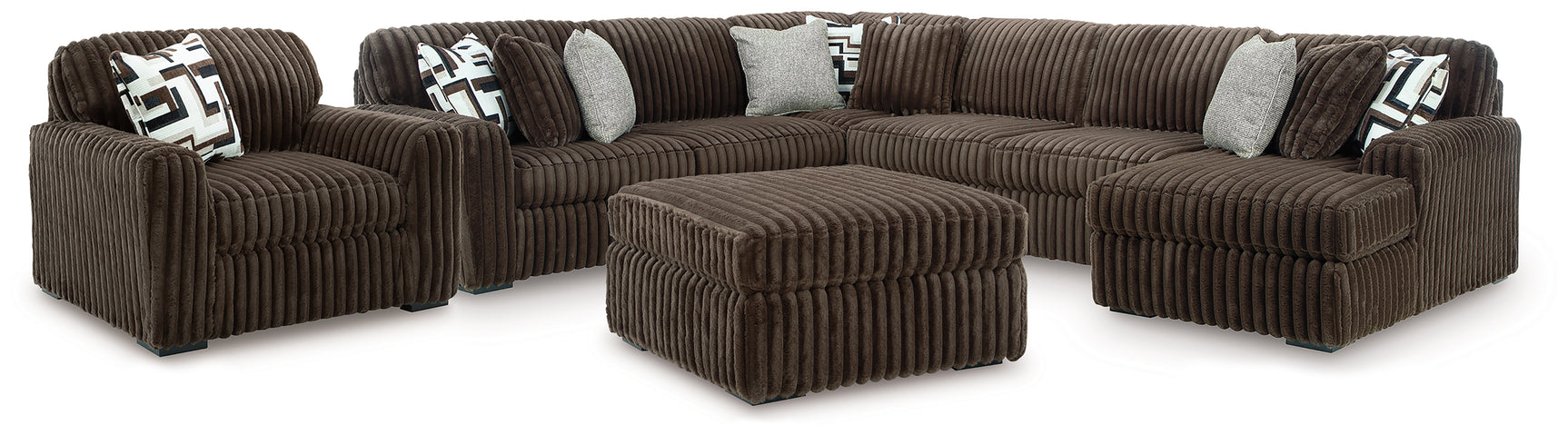 Midnight-Madness Chocolate 4-Piece Sectional with Chaise, Oversized Chair and Ottoman (Online Special Price) - Ornate Home