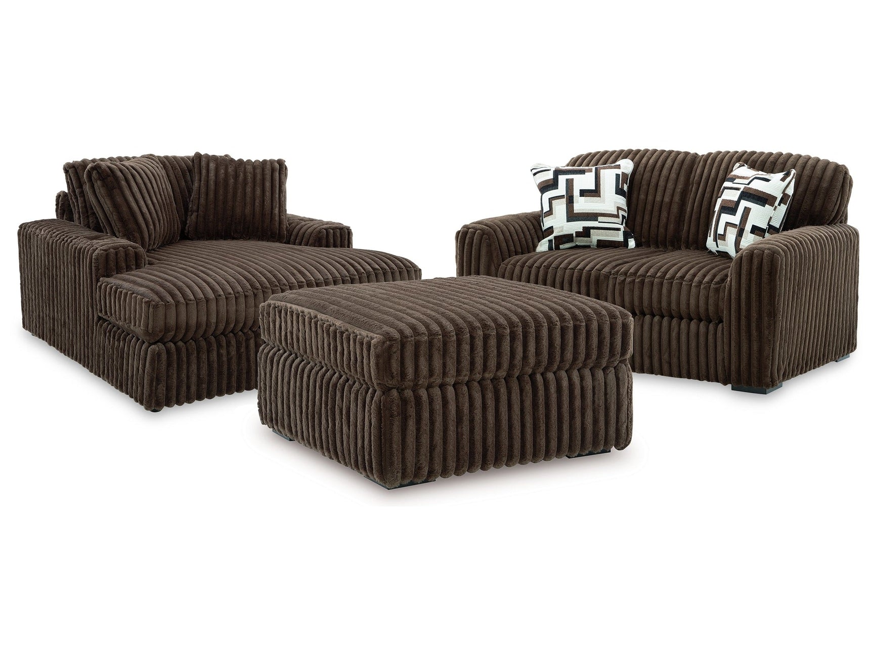 Midnight-Madness Chocolate Loveseat, Oversized Chaise and Ottoman (Online Special Price) - Ornate Home