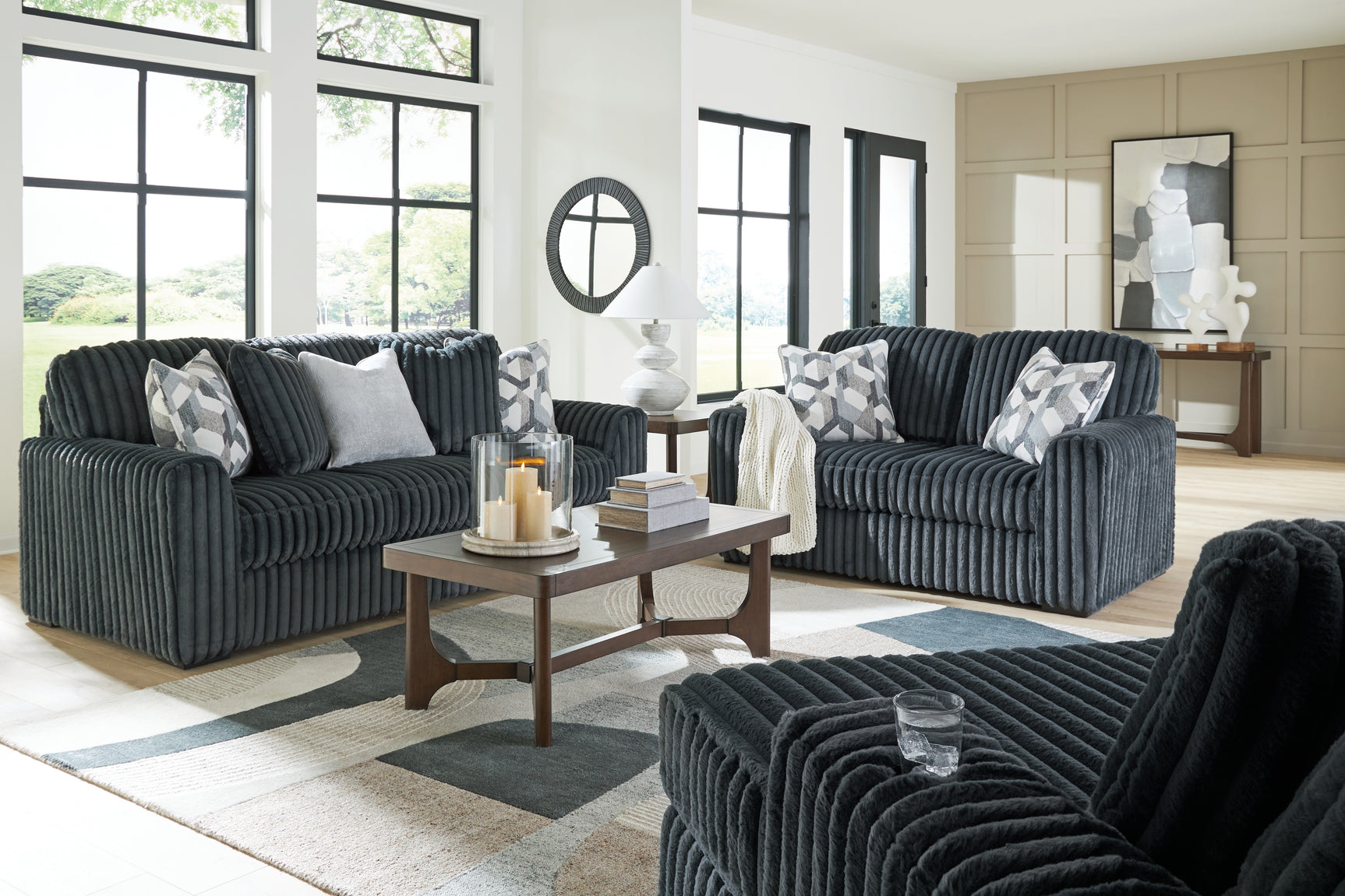 Midnight-Madness Gunmetal Sofa, Loveseat and Oversized Chaise (Online Special Price) - Ornate Home