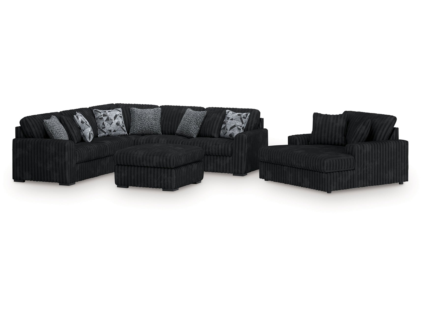 Midnight-Madness Onyx 3-Piece Sectional, Chaise and Oversized Accent Ottoman - Ornate Home