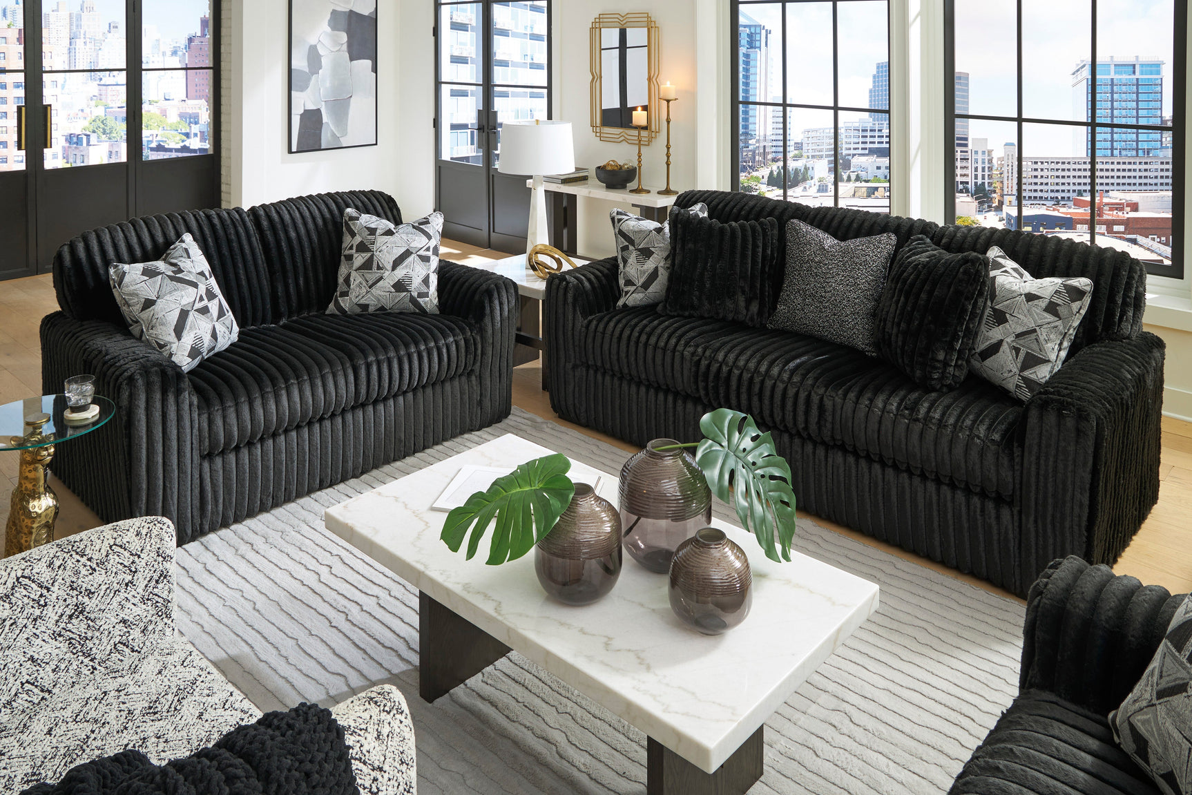 Midnight-Madness Onyx Corduroy Sofa and Loveseat Living Room Set (Online Special Price) - Ornate Home