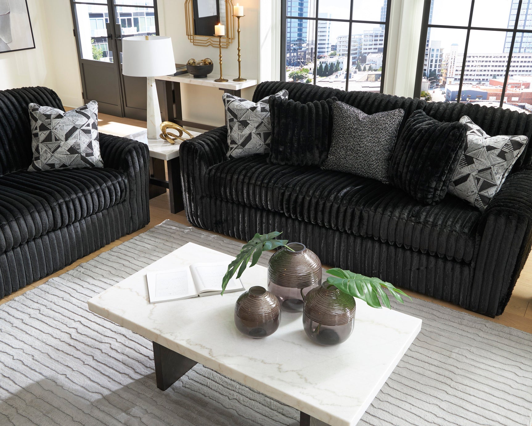 Midnight-Madness Onyx Corduroy Sofa and Loveseat Living Room Set (Online Special Price) - Ornate Home