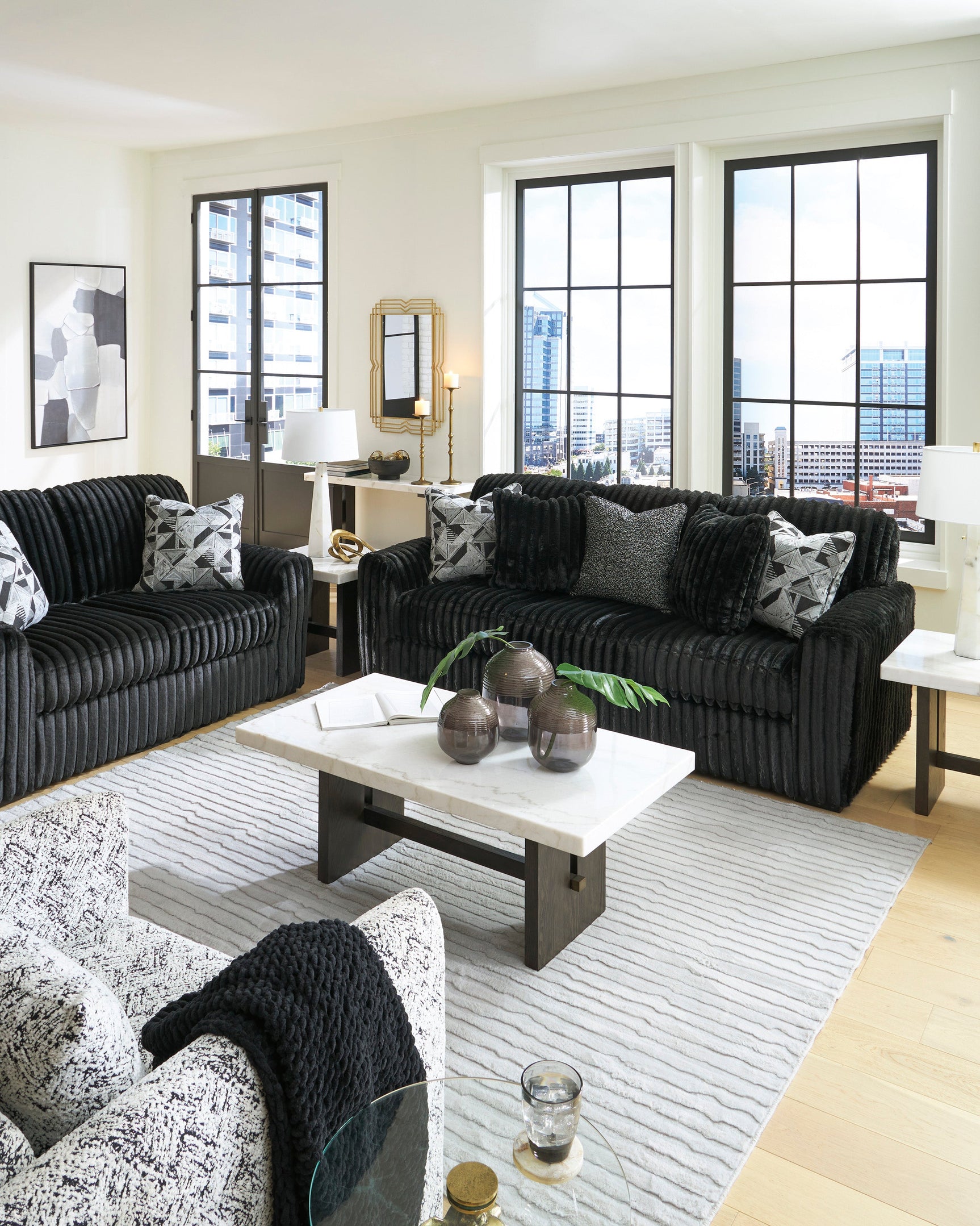 Midnight-Madness Onyx Corduroy Sofa and Loveseat Living Room Set (Online Special Price) - Ornate Home