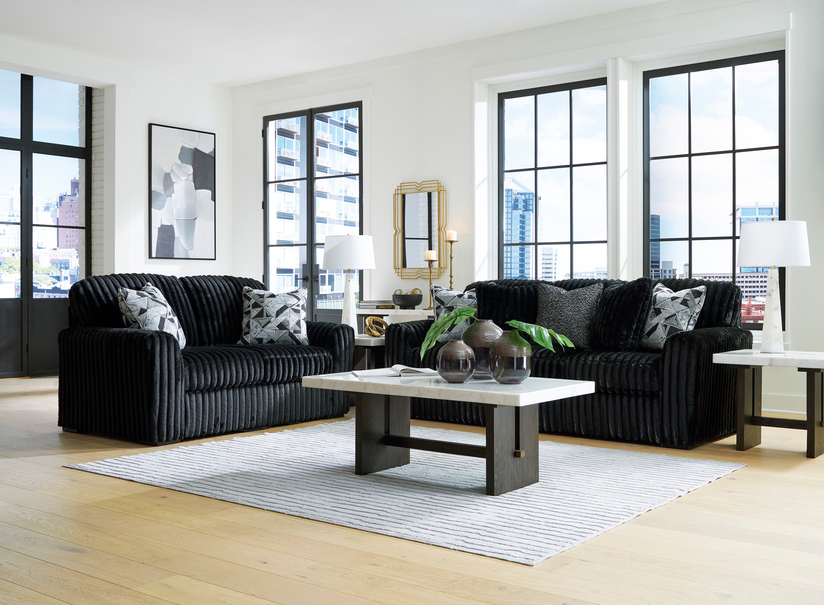 Ashley Furniture Midnight-Madness Onyx Corduroy Sofa and Loveseat
