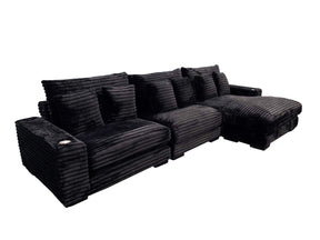Midnight-Madness ll Black Jumbo Corduroy 3pc Reversible Sectional Sofa w/ Dual Cupholders & USB Ports - Ornate Home