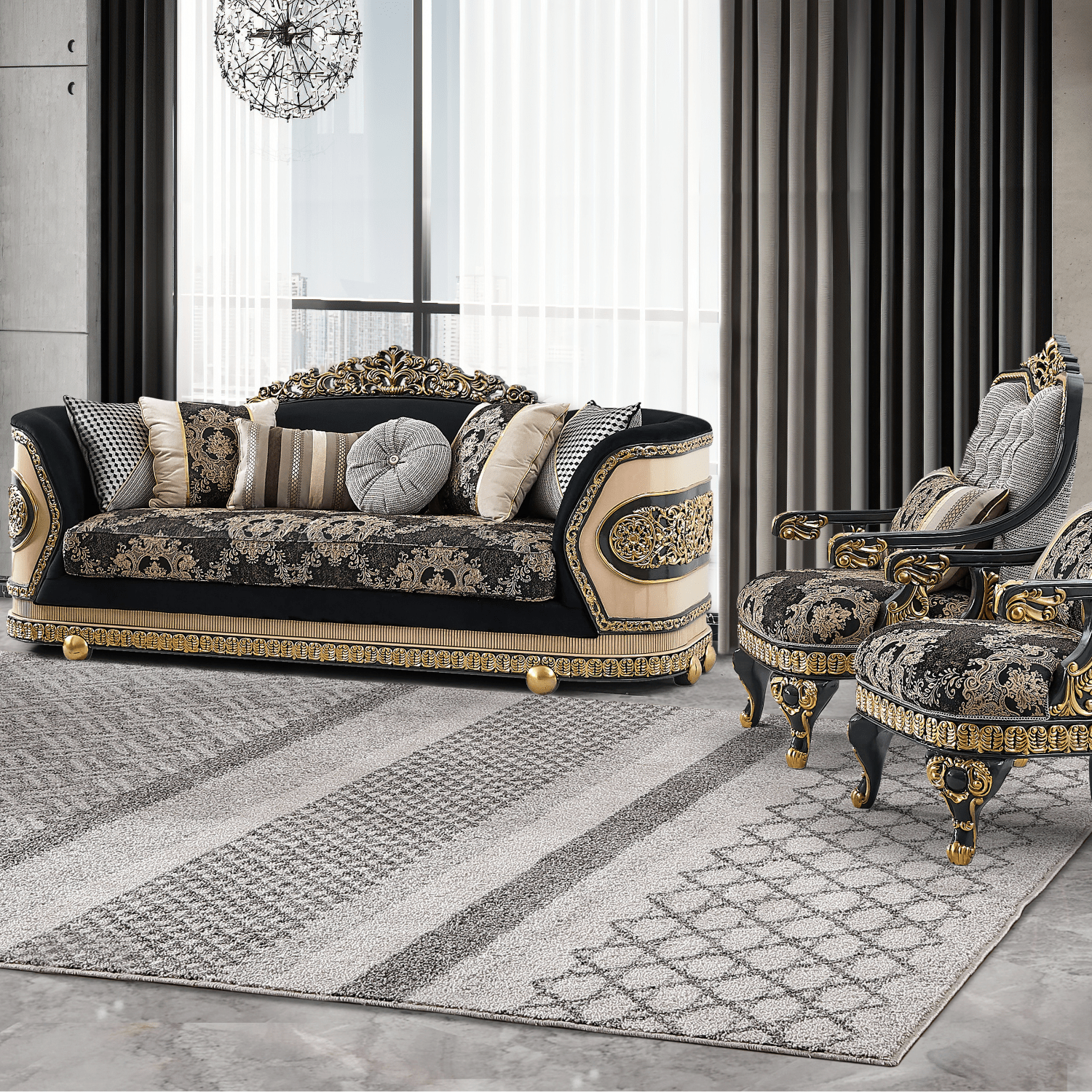 Milano Classico Black/Beige 3-Pc Living Room Set / HD-9012-SET3 - Ornate Home