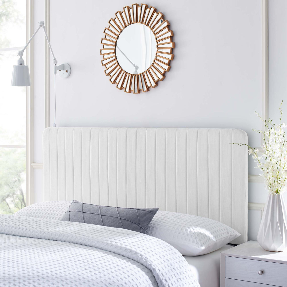 Milenna White Channel Tufted Upholstered Fabric Full/Queen Headboard - Ornate Home