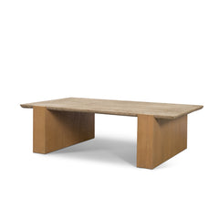 Milos Light Brown Travertine Top Oak Wood Coffee Table - Ornate Home