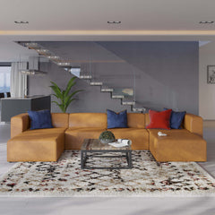 Mingle Tan 4-Piece Vegan Leather Sofa and 2 Ottomans Set - Ornate Home
