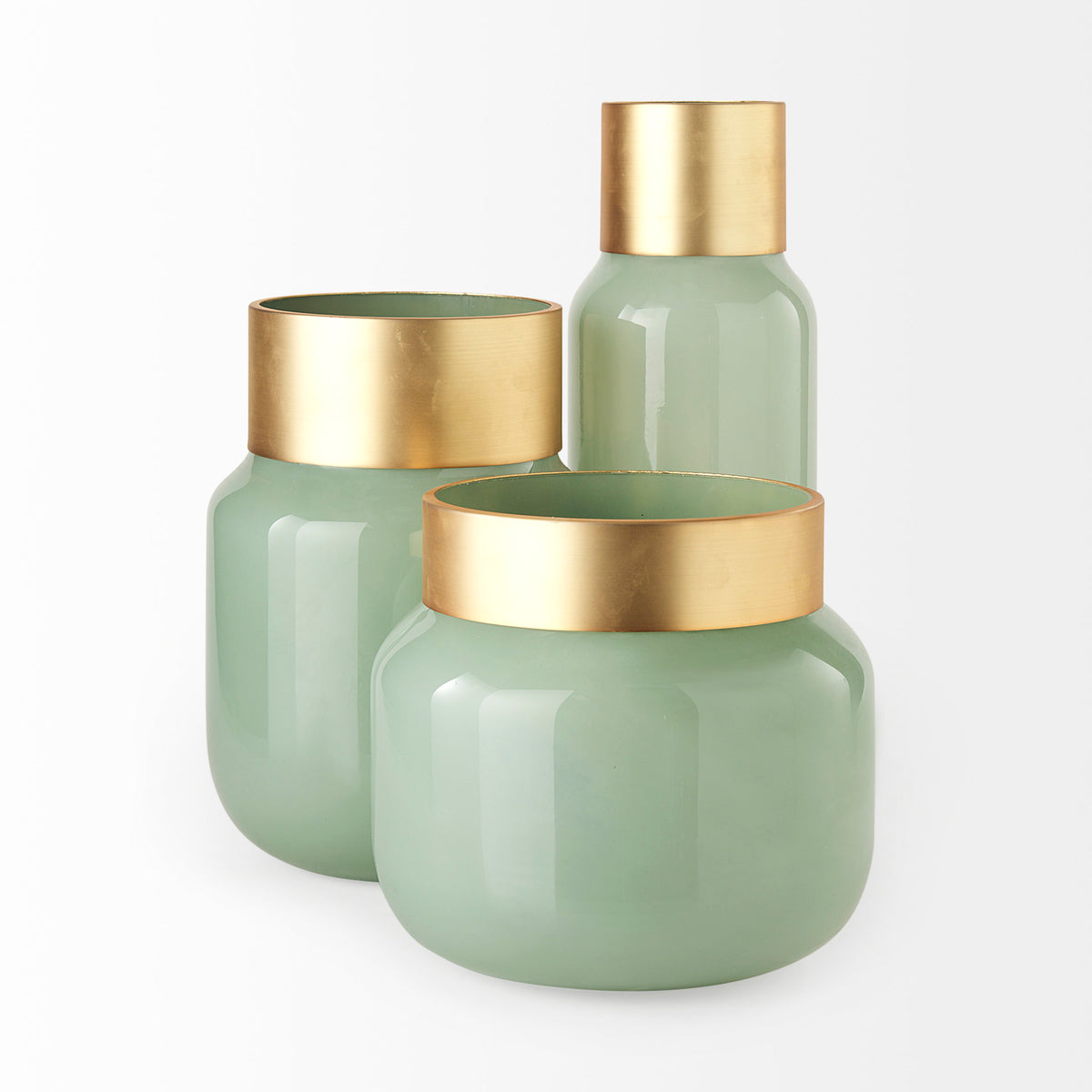 Minty Medium Green/Matte Gold Glass Vase Metal Neck Cuff - Ornate Home
