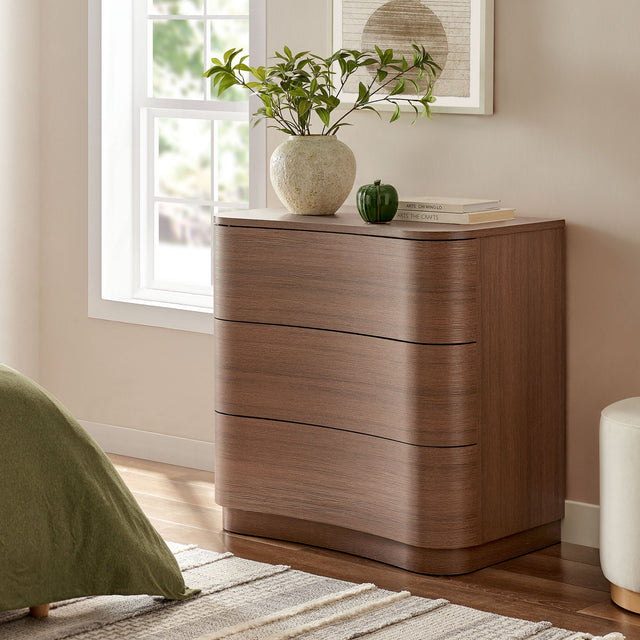 Mirae Brushed Brown Oak 3-Drawer Curved Compact Dresser - Ornate Home