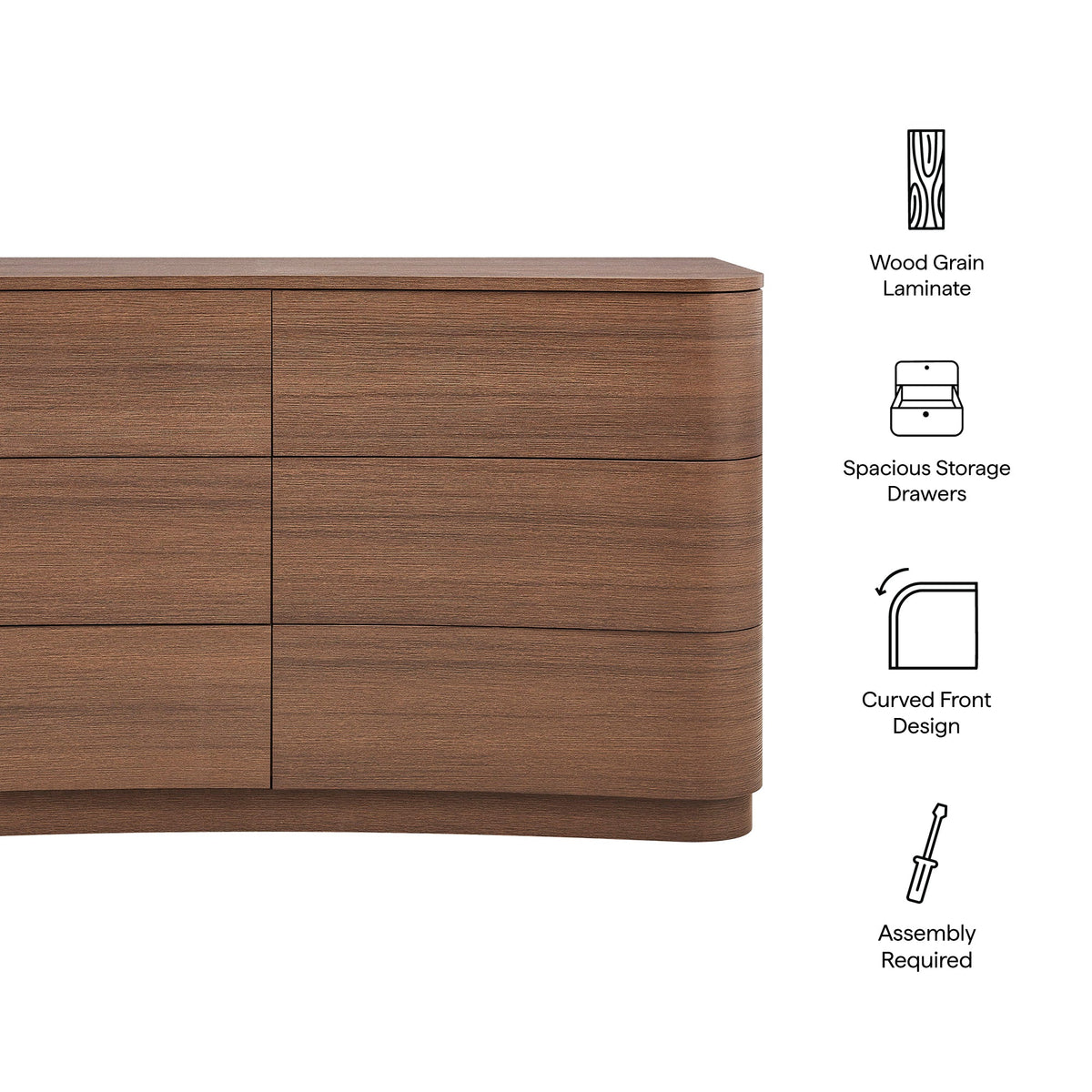 Mirae Brushed Brown Oak 6-Drawer Curved Dresser - Ornate Home