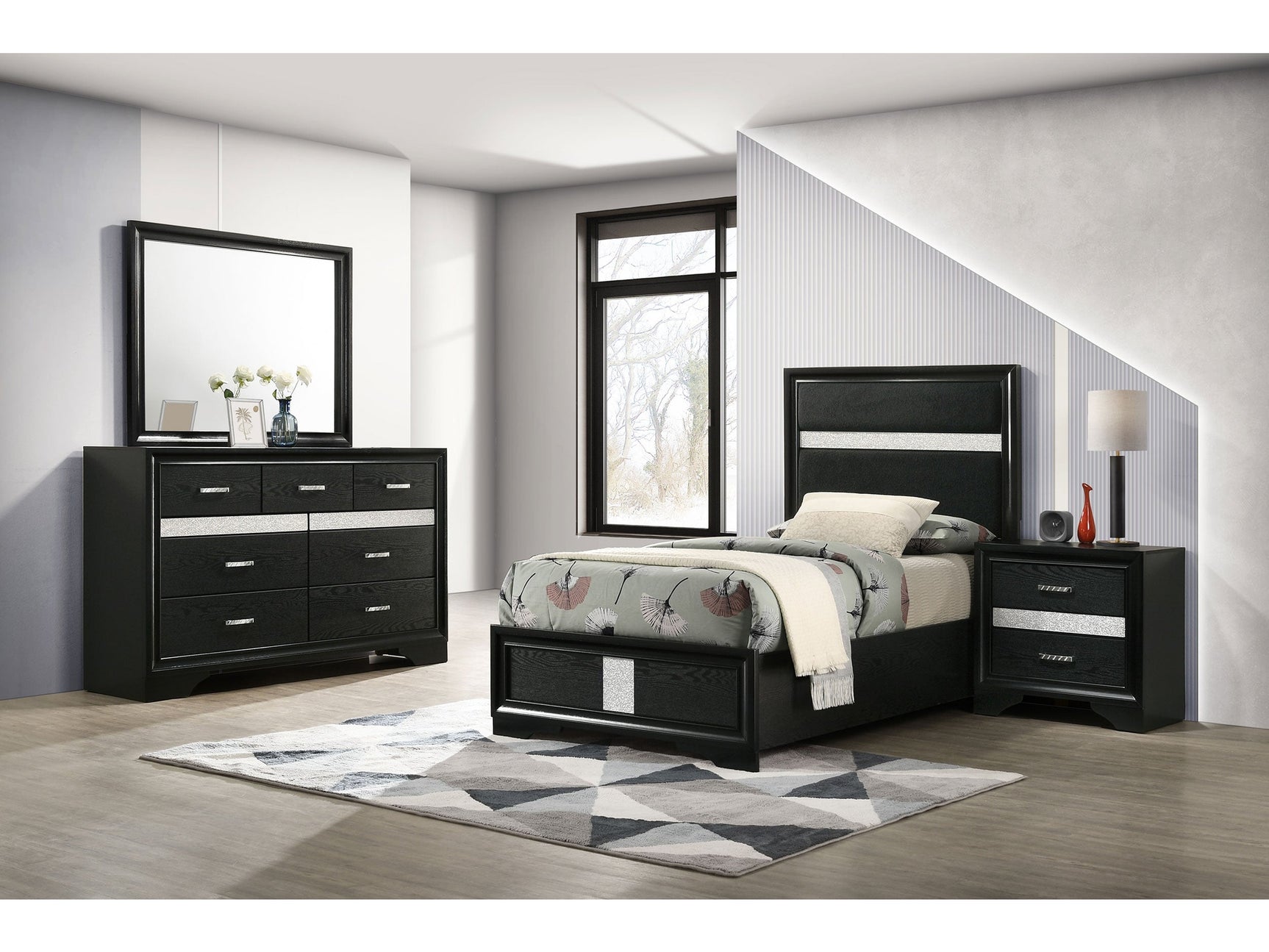 Miranda Black 4-piece Twin Bedroom Set with Panel Bed - Ornate Home