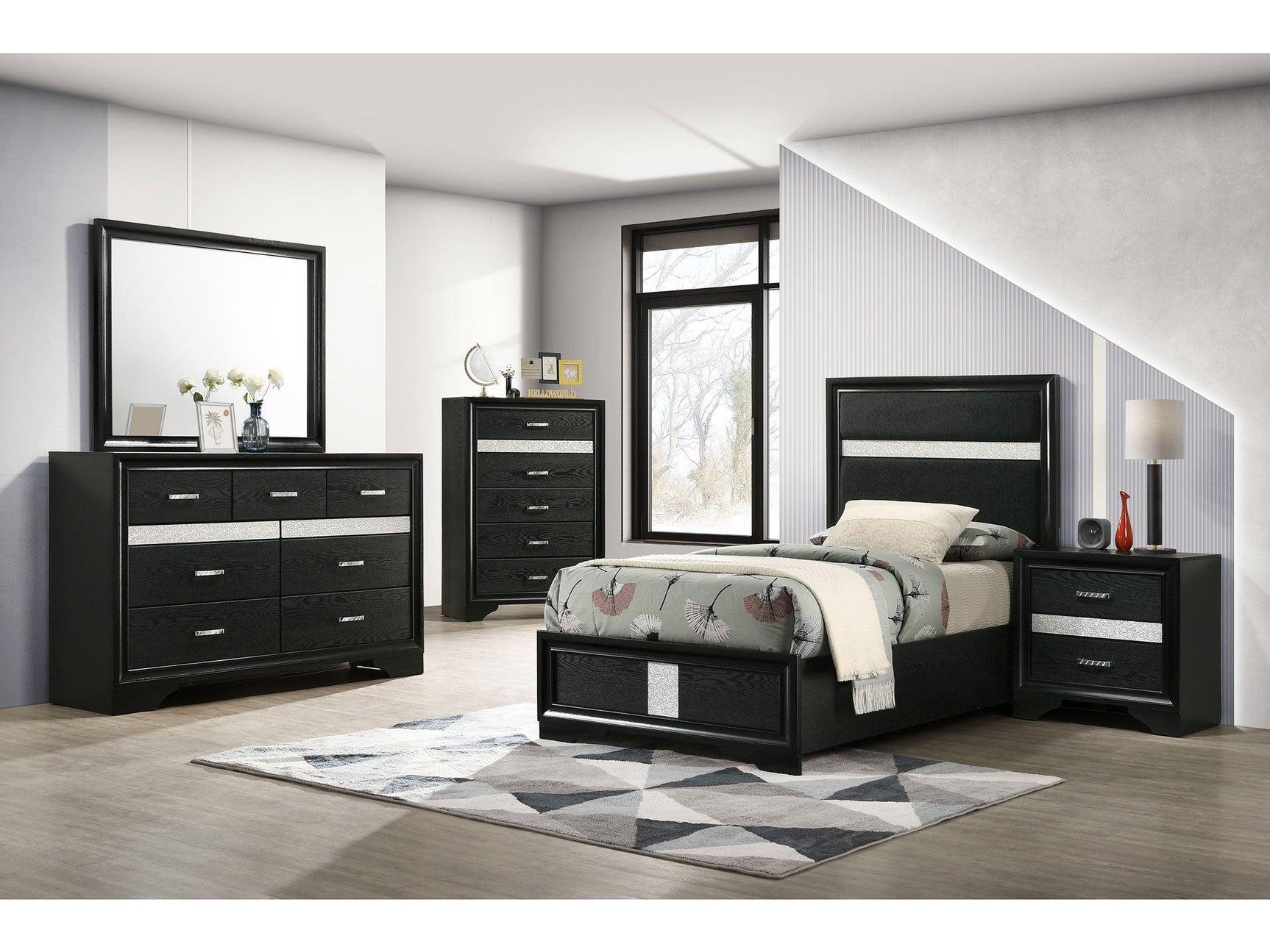 Miranda Black 5-piece Twin Bedroom Set with Panel Bed - Ornate Home