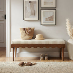 Mirette Oatmeal Stripe Scalloped Edge Striped Accent Bench - Ornate Home