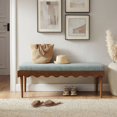 Mirette Spa Blue Stripe Scalloped Edge Striped Accent Bench - Ornate Home