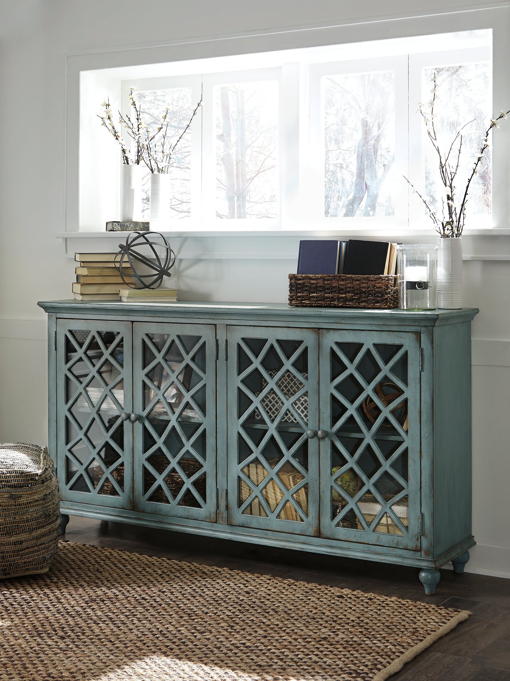 Mirimyn Antique Teal Accent Cabinet w/ 4 Door (Online Special Price) - Ornate Home