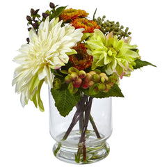 Mixed Dahlia and Mum with Glass Vase - Ornate Home
