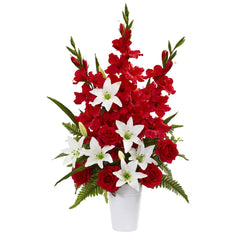 Mixed Flowers Artificial Arrangement in White Vase - Ornate Home