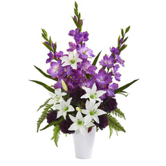 Mixed Flowers Artificial Arrangement in White Vase - Ornate Home