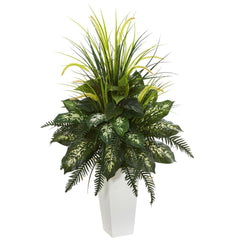 Mixed River Fern and Dogtail Artificial Plant in White Tower Planter - Ornate Home