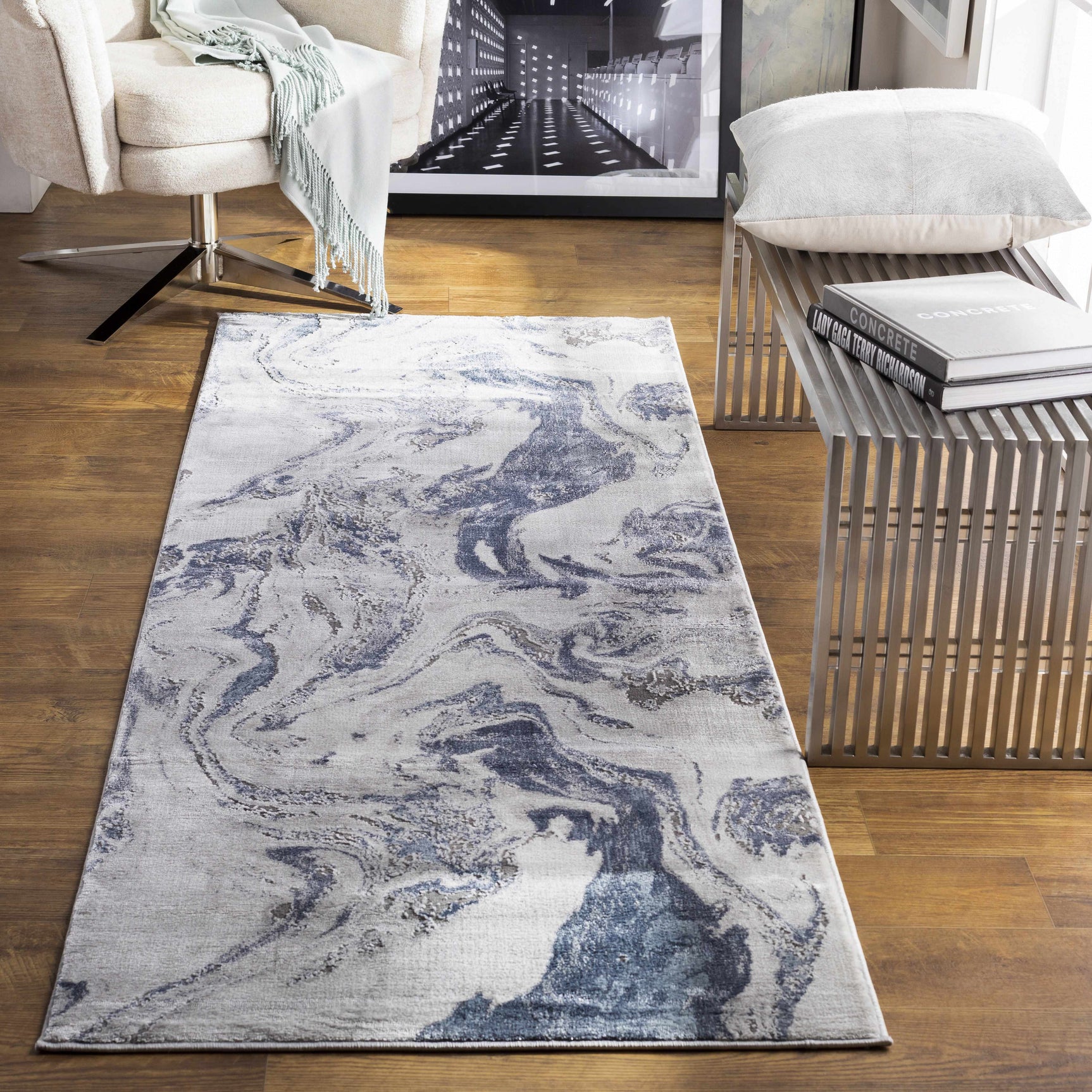 Moana Denim Blue Marble Area Rug - Ornate Home