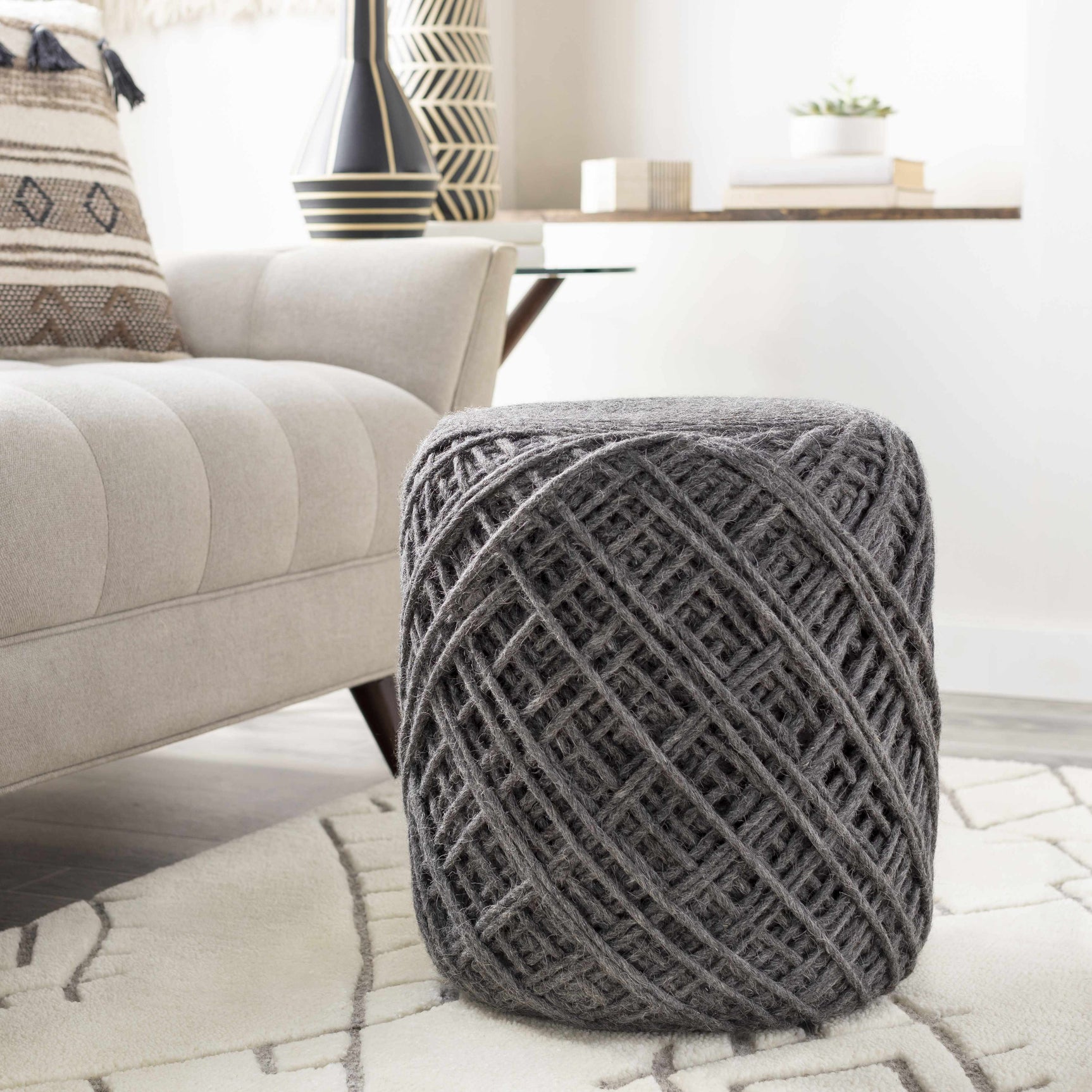 Moapa Charcoal Wool Pouf - Ornate Home