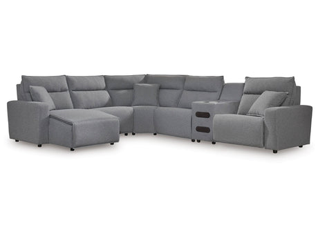 ModMax II Salt and Pepper 6-Piece Reclining Sectional with Chaise and Audio Console - Ornate Home
