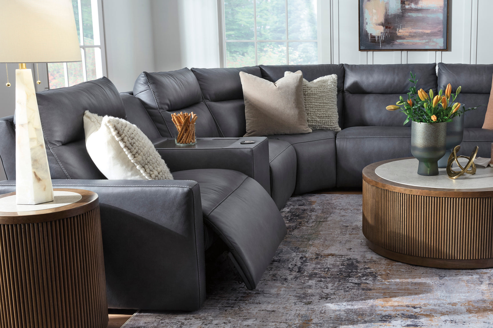 ModZ Blue 6-Piece Power Reclining Sectional w/ Audio Console - Ornate Home