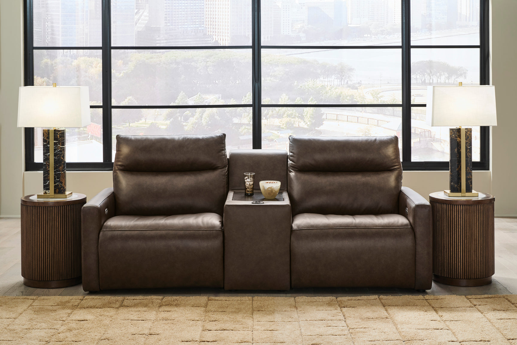 ModZ Chocolate 3-Piece Power Reclining Sectional Loveseat with Audio Console - Ornate Home