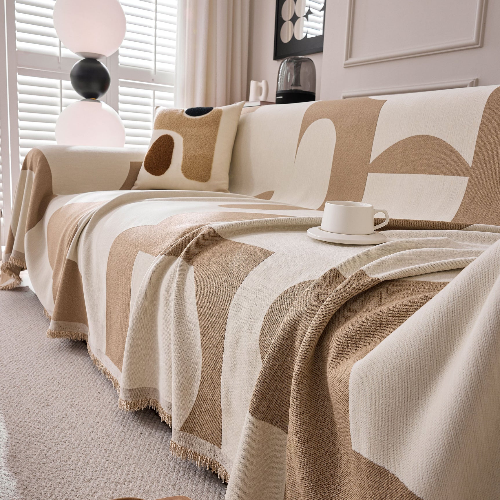 Modern Abstract Chenille Sofa Cover, Large Soft Throw Blanket with Tassels for Couch - Ornate Home