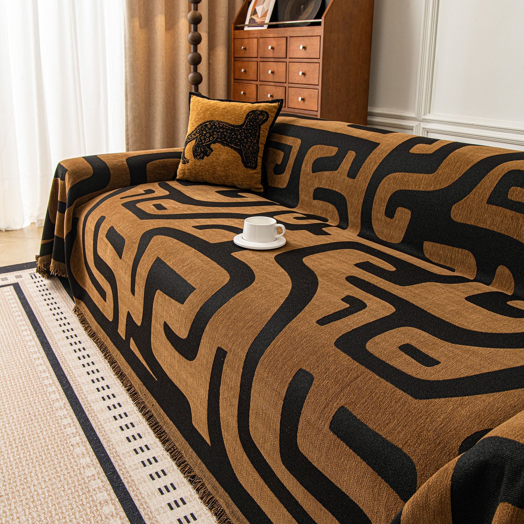 Modern Boho Chenille Sofa Cover Throw Blanket, Abstract Geometric Pattern Couch Cover - Ornate Home