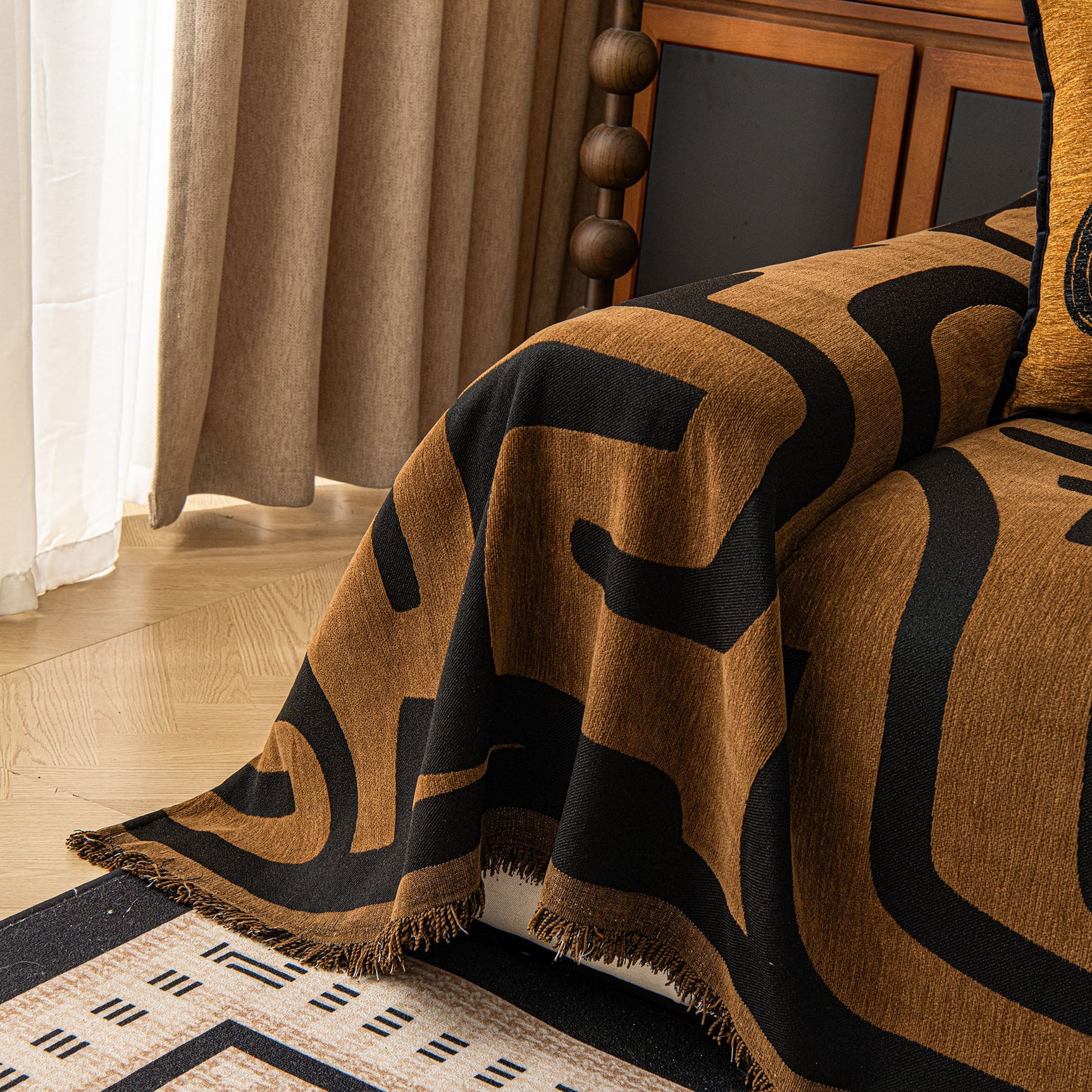 Modern Boho Chenille Sofa Cover Throw Blanket, Abstract Geometric Pattern Couch Cover - Ornate Home
