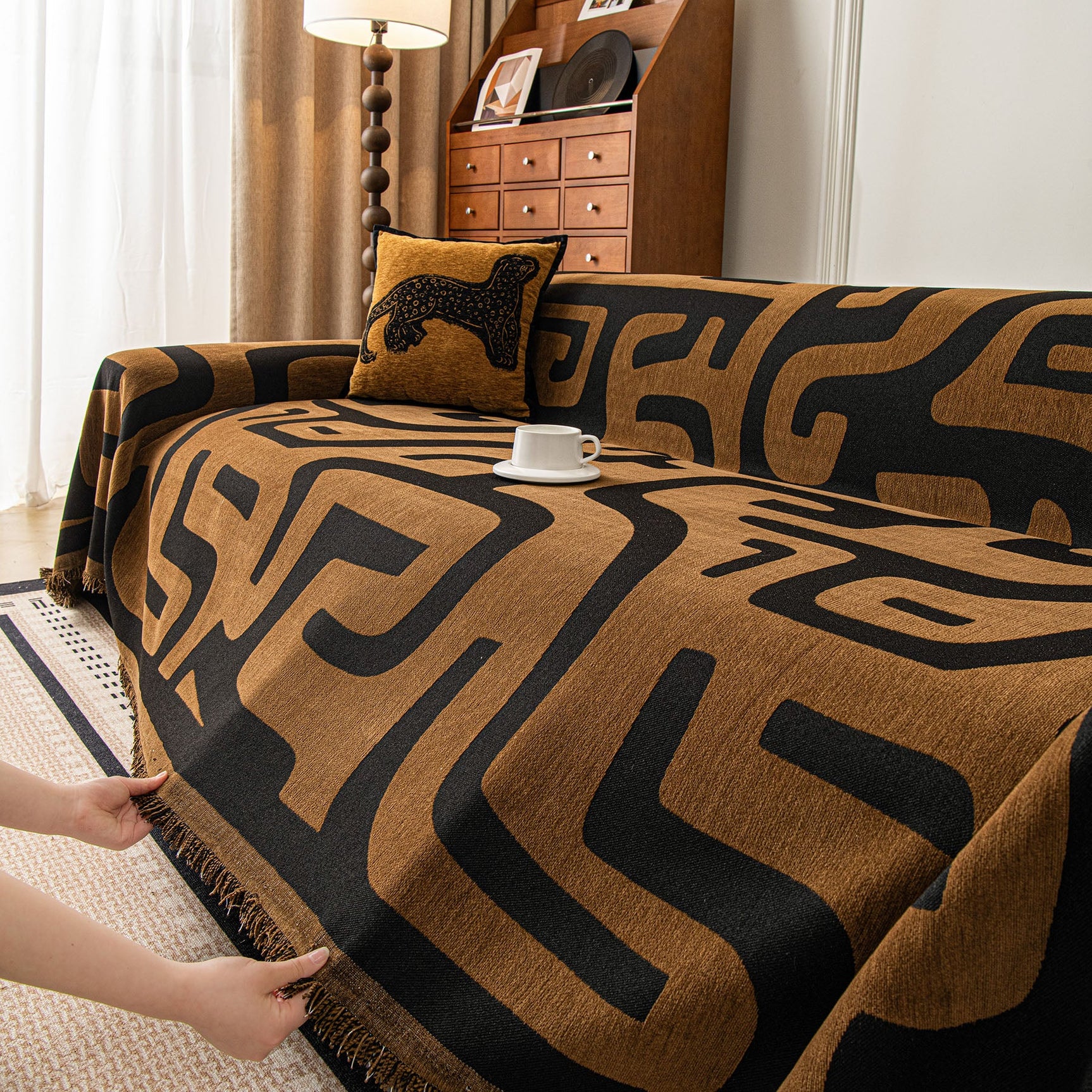 Modern Boho Chenille Sofa Cover Throw Blanket, Abstract Geometric Pattern Couch Cover - Ornate Home