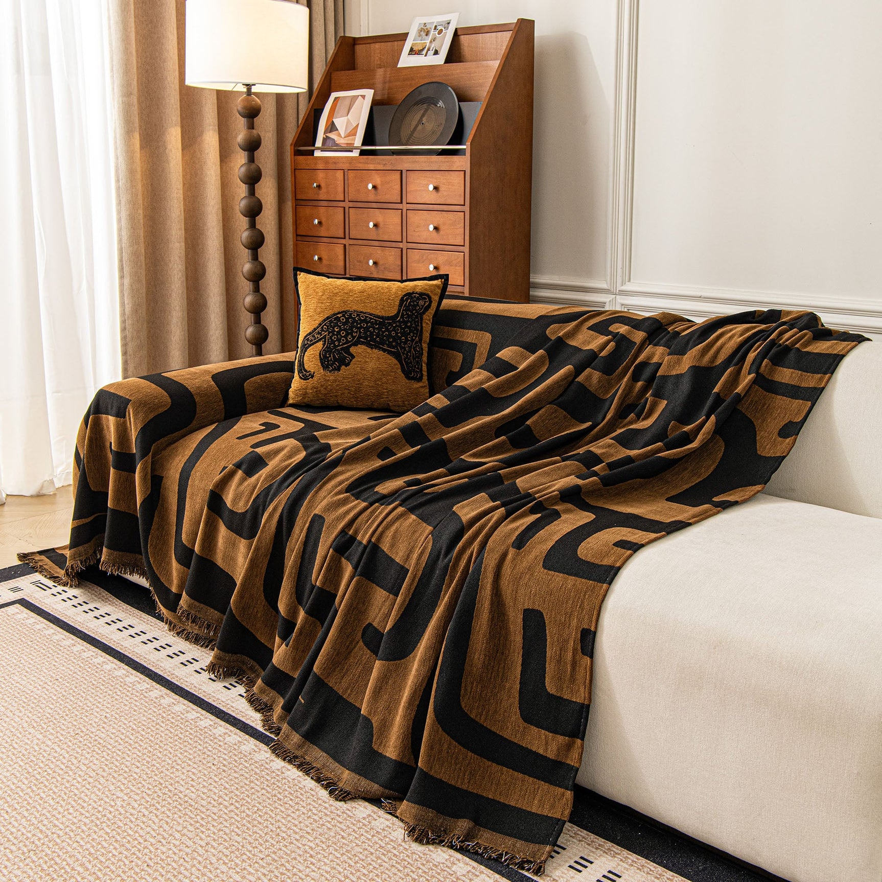 Modern Boho Chenille Sofa Cover Throw Blanket, Abstract Geometric Pattern Couch Cover - Ornate Home